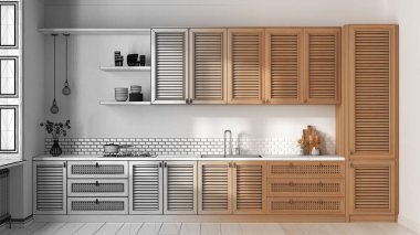 Mimar iç mimar konsepti: elle çizilmiş tamamlanmamış proje gerçek oluyor, mutfak. Panjurlu dolaplar ve çekmeceler, lavabo ve benzin hobleri, çömlekler ve dekorlar.