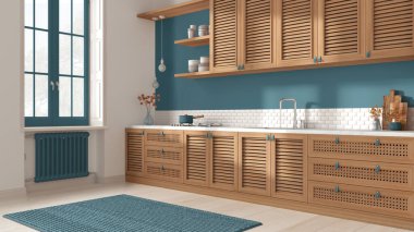 Beyaz ve mavi tonlarda koloni ahşap mutfağı. Panjurlu dolaplar, çekmeceler, lavabo ve benzin deposu, çömlek ve dekorlar. Parke döşeme, çağdaş iç tasarım