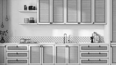 Planlar tamamlanmamış proje taslağı, rahat bir mutfak. Panjurlu dolaplar, çekmeceler, lavabo ve benzin deposu, çömlek ve dekorlar. Parke, retro iç tasarım, ön görünüş, kapat