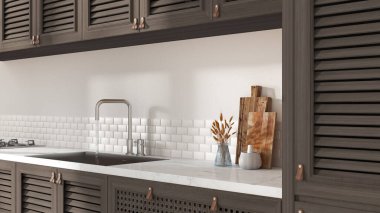 Provencal koyu ahşap mutfak, beyaz tonlarda, yakın çekim. Kepenkli dolaplar, çekmeceler, deri saplar, lavabo, çömlek, kesme tahtaları. Eski fayanslar, iç tasarım