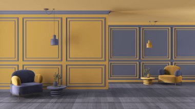 Klasik oturma odası, oturma odası koltuklar, parke, sarı ve mor tonlarda kalıplı duvarlar. Simetri konsepti, ayna perspektifi, zıt şekiller. İç tasarım