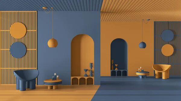 Пастельные Оранжевые Синие Цвета Метафорический Дизайн Интерьера Плоской Гостиной Пространства — стоковое фото