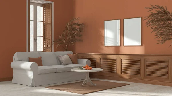 Biały Pomarańczowy Salon Kolonialny Styl Vintage Tkanina Sofa Drewniany Panel — Zdjęcie stockowe
