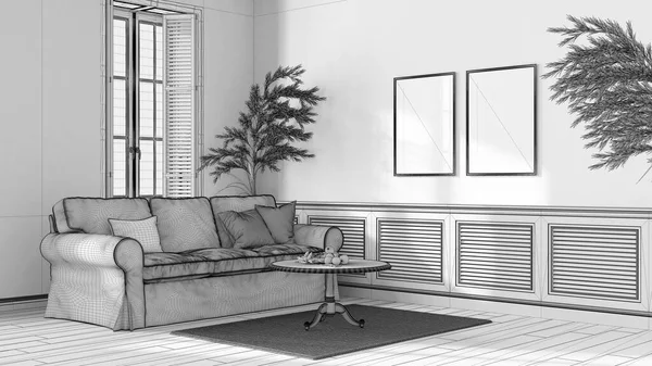 Blueprint unfinished project draft ,living room, colonial vintage style. Fabric sofa, window with shutters. Carpet, table and decors. Frame mockup, contemporary interior design