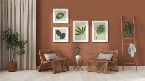Modern living room in white and orange tones. Rattan armchairs with pillows, curtains, wooden ladder and potted plants. Frame and parquet floor, front view. Vintage interior design