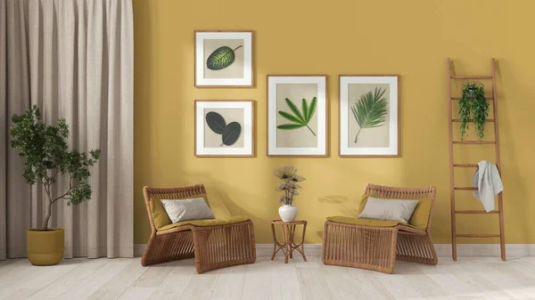 Modernes Wohnzimmer Weißen Und Gelben Tönen Rattan Sessel Mit Kissen — Stockfoto