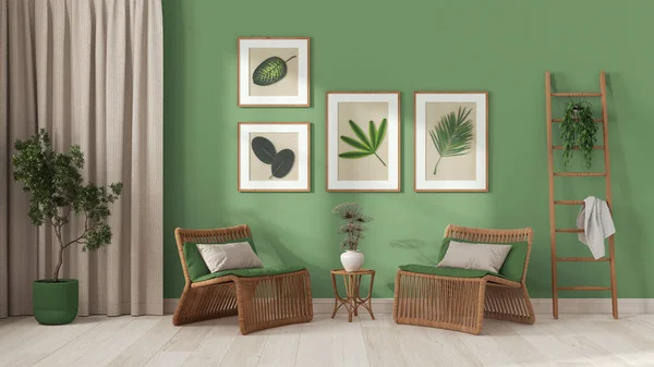 Modernes Wohnzimmer Weißen Und Grünen Tönen Rattan Sessel Mit Kissen — Stockfoto