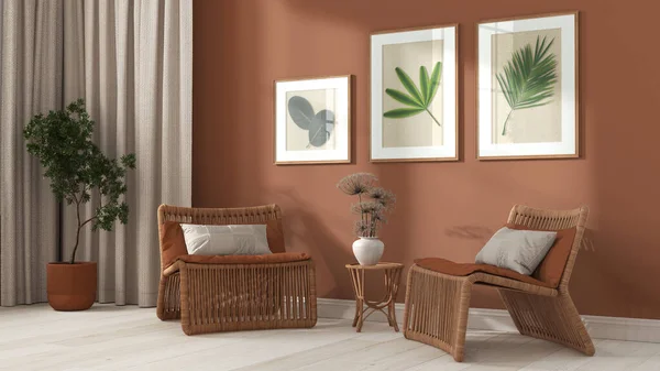 Contemporary living room in white and orange tones. Rattan armchairs with pillows, curtains, wooden ladder and potted plants. Frame and parquet, front view. Retro interior design idea