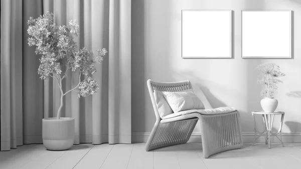 Tamamen Beyaz Proje Taslağı Modern Oturma Odası Kapatın Yastıklı Perdeli — Stok fotoğraf