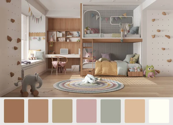 Interior design scene with palette color. Different colors and patterns. Architect and designer concept idea. Modern colored children bedroom with bunk bed, desk and toys