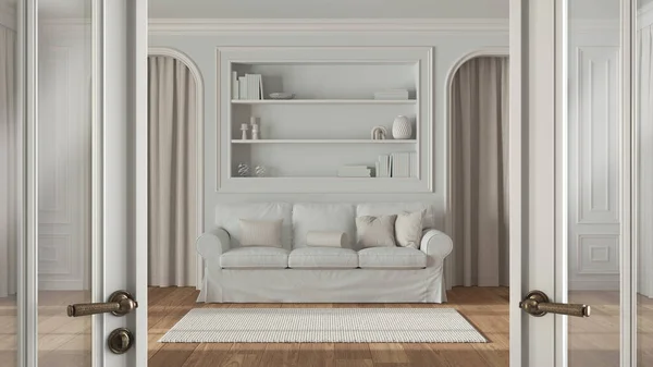 Klasyczne Białe Szklane Drzwi Otwierające Się Klasyczny Salon Sofą Dekoracjami — Zdjęcie stockowe