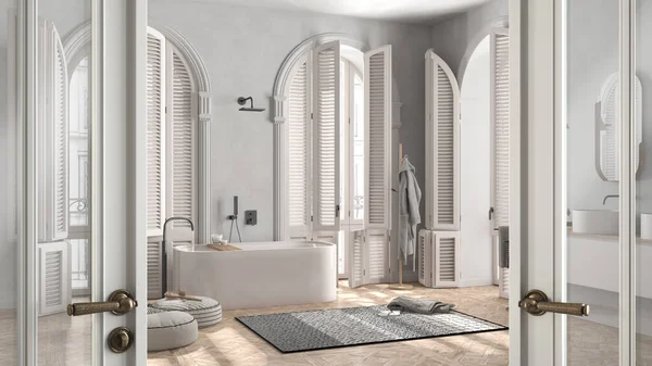 Classic white glass door opening on modern bathroom in neoclassic apartment. Bathtub, washbasin and arched windows with shutters, welcome home concept, interior design idea