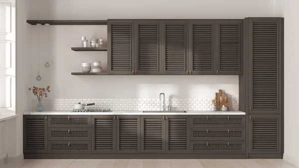 Provencal dark wooden kitchen in white tones. Cabinets with shutters and rattan drawers, sink and gas hob, pottery and decors. Parquet floor, interior design, front view