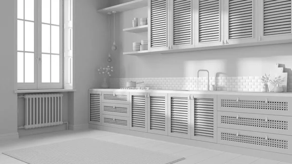 Полный Белый Проект Холодная Деревянная Кухня Шкафы Жалюзи Ротанга Ящики — стоковое фото