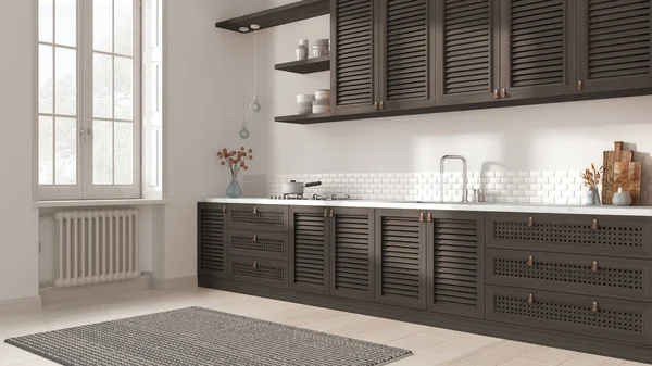 Colonial dark wooden kitchen in white tones. Cabinets with shutters and rattan drawers, sink and gas hob, pottery and decors. Parquet floor, contemporary interior design