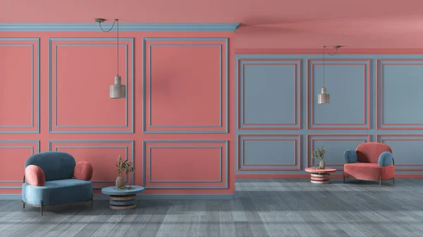 Classic living room, waiting sitting space with armchairs, parquet and molded walls in pink and blue tones. Symmetry concept, mirroring perspective, opposite shapes. Interior design