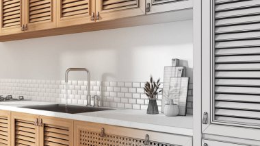 Mimar iç mimar konsepti: elle çizilmiş tamamlanmamış proje gerçeğe dönüşüyor, mutfak, kapat. Panjurlu dolaplar, çekmeceler, deri saplı.