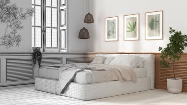 Mimar iç mimar konsepti: elle çizilmiş tamamlanmamış proje gerçek oluyor, yatak odası. Yatak, tahta duvar paneli, resimler, bitkiler, parke. Köy evi fikri