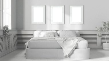 Tamamen beyaz proje taslağı, modern yatak odası. Yatak, tahta duvar paneli, resimler, saksı bitkileri ve parke. Köy evi fikri, iç tasarım, ön görüş