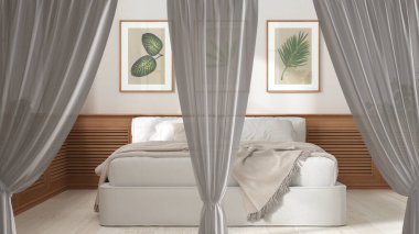 Beyaz perdeler modern konforlu yatak odasını, iç tasarım arka planını, ön görünümü, kırpma yolunu, dikey kıvrımları, yumuşak tül tekstil dokusunu, sahne konseptini kopya alanı ile kaplar.