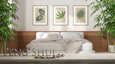 Çakıl taşları dengeli ahşap eski masa rafı ve üç boyutlu harflerle modern yatak odası, duvar paneli ve çift kişilik yatak odası, zen kavramı iç tasarım.