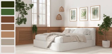 Palet renginde iç dizayn sahnesi. Farklı renkler ve desenler. Mimar ve tasarımcı fikri. Modern yatak odası, çift kişilik yatak ve tahta duvar paneli. Pencere ve dekorlar