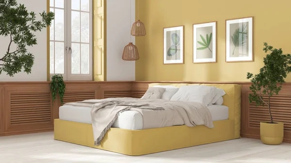 현대의 침실은 노란색 톤으로 의부드러운 컨트리 하우스 인테리어 디자인 — 스톡 사진