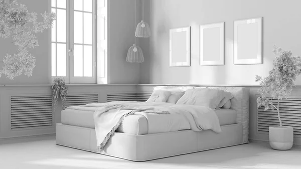 Total White Project Draft Modern Bedroom Double Soft Bed Wooden — ストック写真