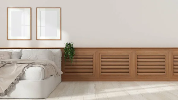 Bedroom interior design background with copy space, wooden panel with shutters, plaster wall in white tones with frame mockup. Bed with blanket,.Parquet, potted plant, interior design