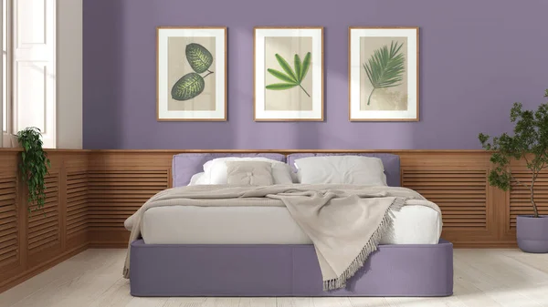 白と紫の色調のモダンなベッドルーム ベッド 写真付きの木製の壁パネル 鉢植えや寄木細工 カントリーハウスのコンセプトアイデア インテリアデザイン フロントビュー — ストック写真
