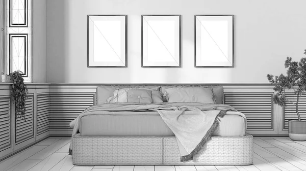 Чертеж Незавершенного Проекта Современная Спальня Кровать Деревянная Стеновая Панель Картинами — стоковое фото