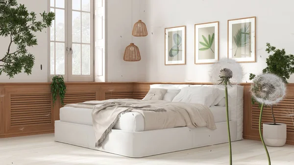 Fluffy airy dandelion with blowing seeds spores over modern bedroom with bed and wooden wall panels. Interior design idea. Change, growth, movement and freedom concept