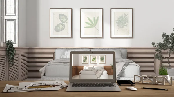 设计师桌面设计理念 木制工作台上的笔记本电脑 屏幕显示室内设计项目 蓝图草图背景 双人床现代白色卧房 — 图库照片