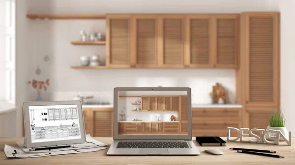 Architect Designer Desktop Concept Laptop Tablet Wooden Desk Screen Showing — Zdjęcie stockowe