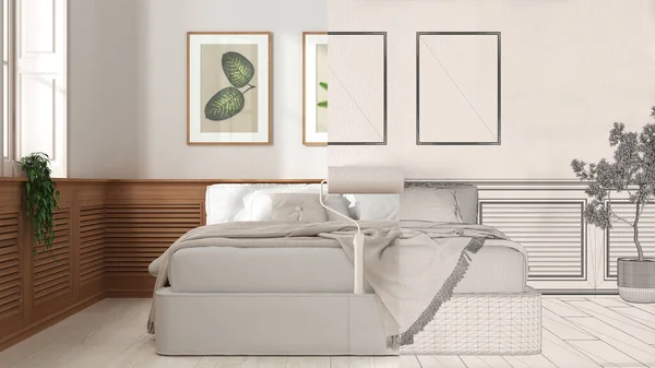 Paint roller painting interior design blueprint sketch background while the space becomes real showing modern bedroom. Before and after concept, architect designer creative work flow