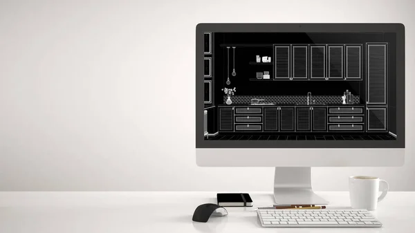 Architektenhaus Projektkonzept Desktop Computer Auf Weißem Hintergrund Schreibtisch Mit Cad — Stockfoto