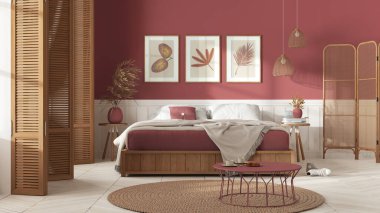 Wooden country bedroom in white and red tones. Mater bed with blanket. Wooden panel and parquet floor, carpet and table, breakfast with cookies. Interior design