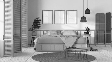 Tamamlanmamış proje taslağı, kırsal yatak odası. Battaniyeli anne yatağı. Tahta panel ve parke zemin, halı ve masa, kurabiyeli kahvaltı. İç tasarım