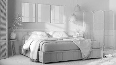 Tamamen beyaz proje taslağı, tahta İskandinav yatak odası. Battaniyeli çift kişilik yatak. Duvar paneli ve parke zemin, halı. Rattan katlama perdesi ve lambalar. İç tasarım