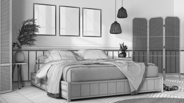 Tamamlanmamış proje taslağı, tahta İskandinav yatak odası. Battaniyeli çift kişilik yatak. Duvar paneli ve parke zemin, halı. Rattan katlama perdesi ve lambalar. İç tasarım