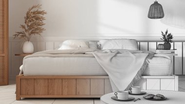 Mimar iç mimar konsepti: elle çizilmiş tamamlanmamış proje gerçek, minimalist yatak odası haline geliyor. Yatak, parke, çay bardaklı masa, kurabiyeli kahvaltı