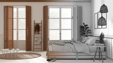 Mimar iç mimar konsepti: elle çizilmiş tamamlanmamış proje gerçek oluyor, çiftlik evi yatak odası. Battaniyeli çift kişilik yatak. Pencereler panjurlu, kirişler tavanlı