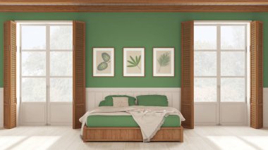 Romantik yatak odası arka planı, beyaz ve yeşil renkli battaniyeli çift kişilik yatak. Ahşap panjurlu ve kiriş tavanlı iki panoramik pencere. Parke, iç tasarım