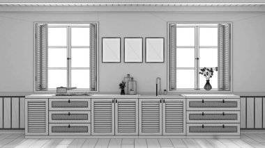 Tamamlanmamış proje taslağı, ahşap ve rattan dolaplarla donatılmış mutfak arka planı. Lavabo ve benzin deposu. Pencereler panjurlu ve kiriş tavanlı. Parke, iç tasarım