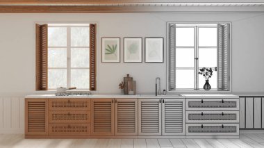 Mimari iç mimar konsepti: elle çizilmiş, tamamlanmamış, ahşap ve rattan dolaplı, gerçek, provenkal mutfak arka planı. Panjurlu pencereler