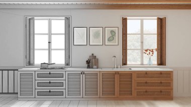 Mimari iç mimar konsepti: elle çizilmiş, tamamlanmamış, ahşap ve rattan dolaplı, gerçek, provenkal mutfak arka planı. Panjurlu pencereler