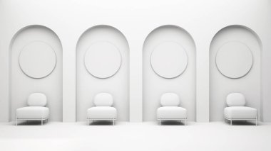 Tamamen beyaz proje taslağı, metafiziksel soyut iç tasarım. Düz oturma odası, bekleme ve oturma alanı koltuklu, kemerli çukur. Simetri konsepti, ayna perspektifi