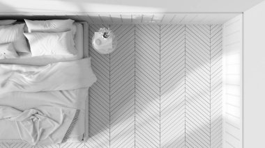 Tamamen beyaz proje taslağı, ahşap romantik yatak odası. Battaniyeli ve sehpalı bir yatak. Herringbone parke zemininde fotokopi alanı var. Manzara, plan, yukarısı. İç tasarım