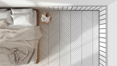 Mimar iç mimar konsepti: elle çizilmiş tamamlanmamış proje gerçek, romantik yatak odası haline geliyor. Battaniyeli ve sehpalı bir yatak. Uzayı kopyala Üst görünüm, plan, yukarıda