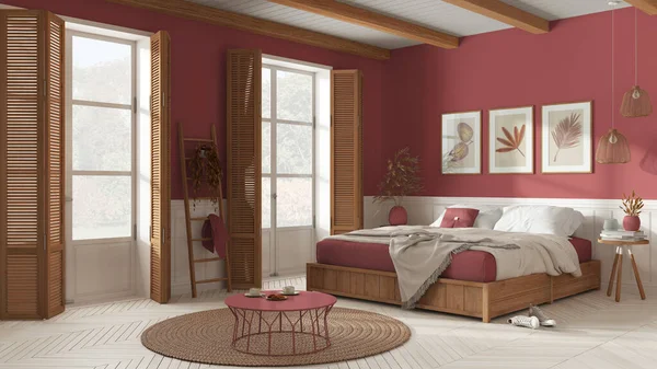 Wooden Country Bedroom White Red Tones Mater Bed Blanket Windows — Fotografia de Stock